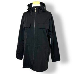 Dana Buchman Black Hooded Raincoat Zip Up Thigh Length Car Coat Jacket Sz M